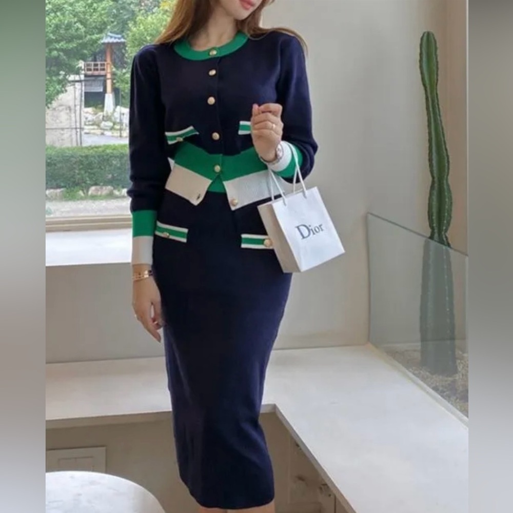 Color-Blocked Korean Vintage Knitted Two-Piece Skirt Set